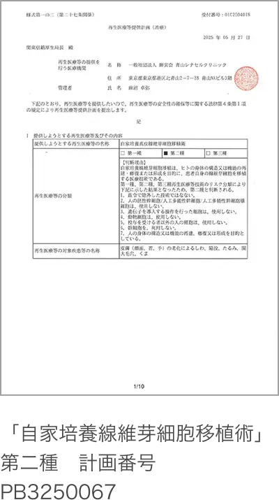 「自家培養線維芽細胞移植術」
            第二種 計画番号 PB3250067